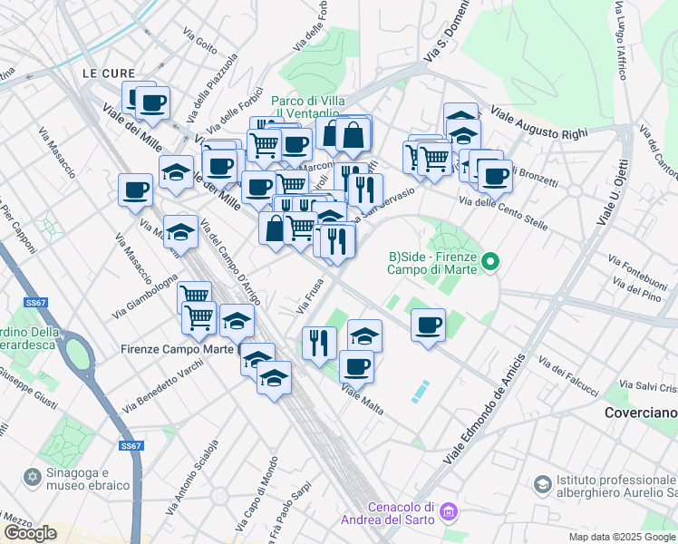 map of restaurants, bars, coffee shops, grocery stores, and more near 1 Viale dei Mille in Firenze