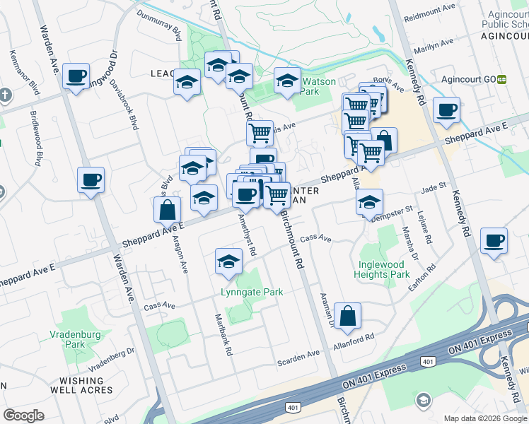 map of restaurants, bars, coffee shops, grocery stores, and more near in Toronto