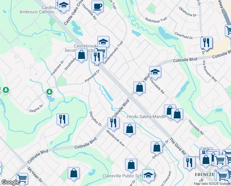 map of restaurants, bars, coffee shops, grocery stores, and more near 9452 The Gore Road in Brampton