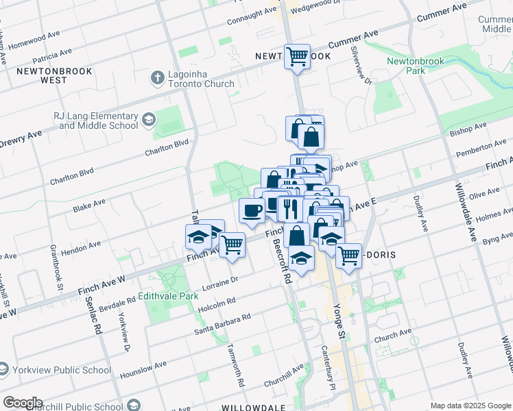 map of restaurants, bars, coffee shops, grocery stores, and more near 23 Eldora Avenue in Toronto