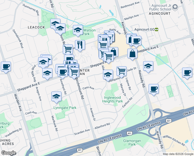 map of restaurants, bars, coffee shops, grocery stores, and more near 4 Dempster Street in Toronto