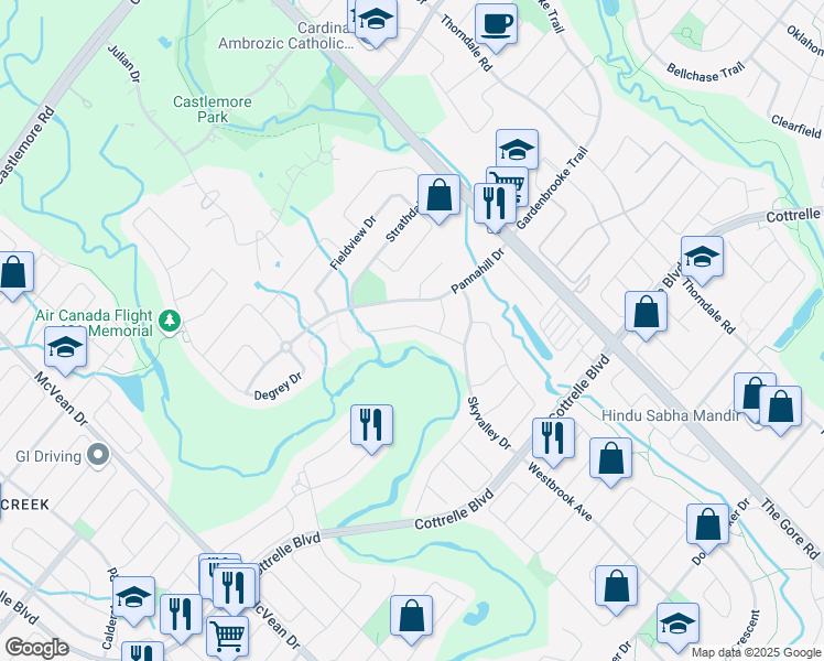 map of restaurants, bars, coffee shops, grocery stores, and more near 42 Oakhaven Road in Brampton
