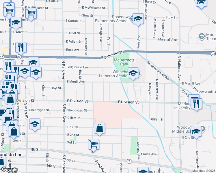 map of restaurants, bars, coffee shops, grocery stores, and more near 64 Oaklawn Avenue in Fond du Lac