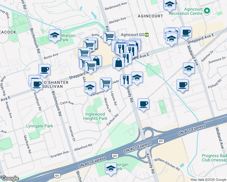 map of restaurants, bars, coffee shops, grocery stores, and more near 139 Earlton Road in Toronto