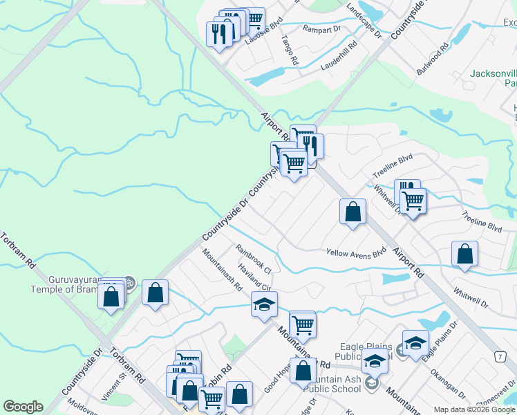 map of restaurants, bars, coffee shops, grocery stores, and more near 7 Yellow Avens Boulevard in Brampton