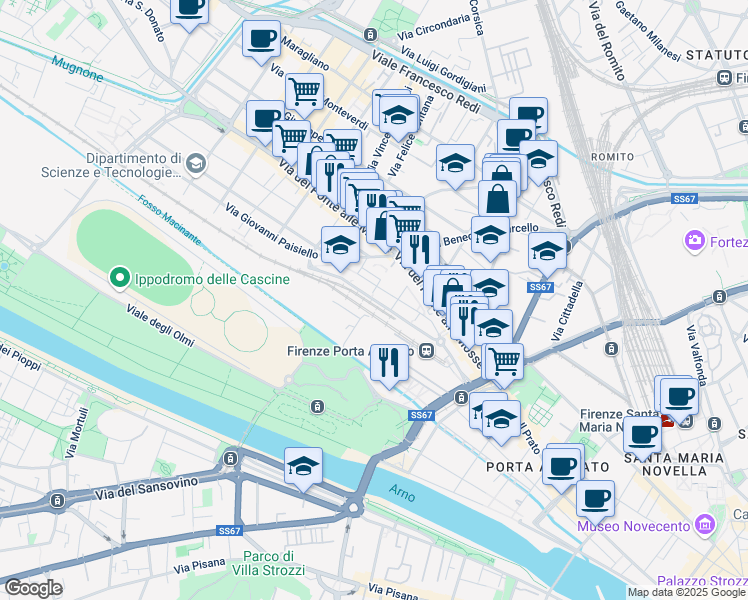 map of restaurants, bars, coffee shops, grocery stores, and more near 7 Via Giovanni Paisiello in Florence