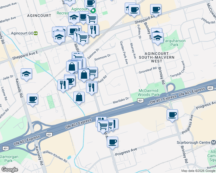 map of restaurants, bars, coffee shops, grocery stores, and more near 1 Rosegrove Place in Toronto