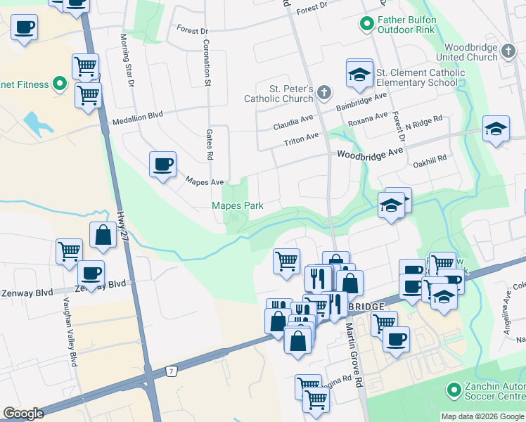 map of restaurants, bars, coffee shops, grocery stores, and more near 79 Arran Crescent in Vaughan