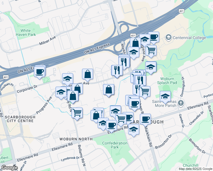 map of restaurants, bars, coffee shops, grocery stores, and more near in Toronto