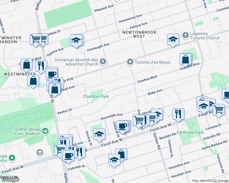 map of restaurants, bars, coffee shops, grocery stores, and more near 137 Charlton Boulevard in Toronto