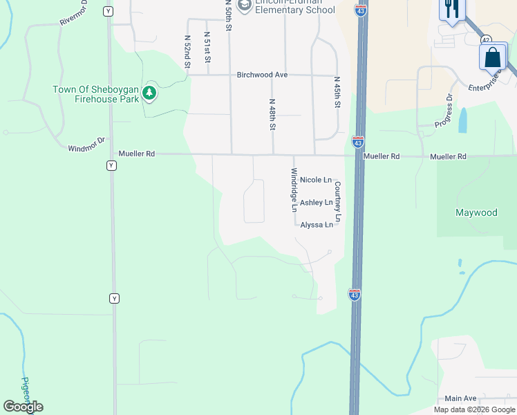 map of restaurants, bars, coffee shops, grocery stores, and more near 3416 North 48th Place in Sheboygan