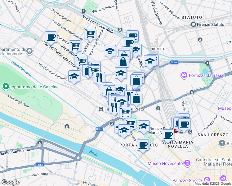 map of restaurants, bars, coffee shops, grocery stores, and more near 12-18 Via Pierluigi da Palestrina in Florence