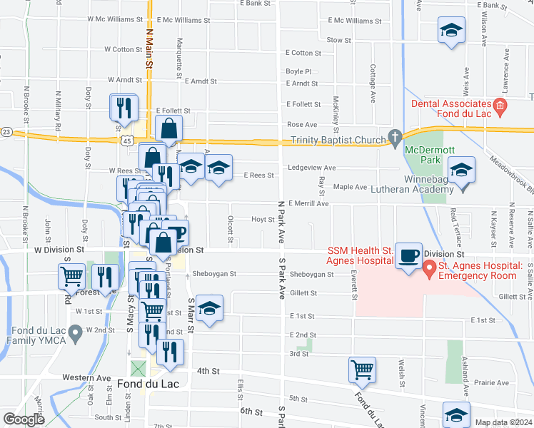 map of restaurants, bars, coffee shops, grocery stores, and more near 185 Hoyt Street in Fond du Lac