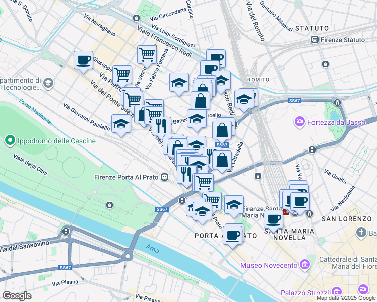 map of restaurants, bars, coffee shops, grocery stores, and more near 12-18 Via Pierluigi da Palestrina in Florence