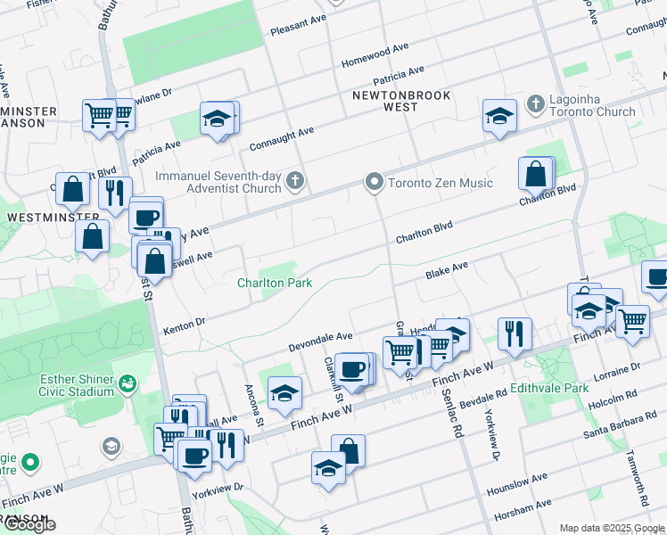 map of restaurants, bars, coffee shops, grocery stores, and more near 137 Charlton Boulevard in Toronto