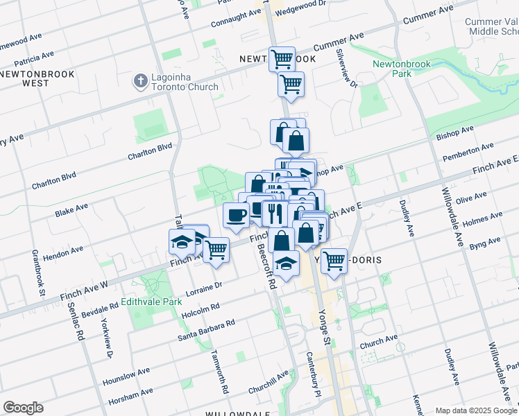 map of restaurants, bars, coffee shops, grocery stores, and more near 25 Greenview Avenue in Toronto