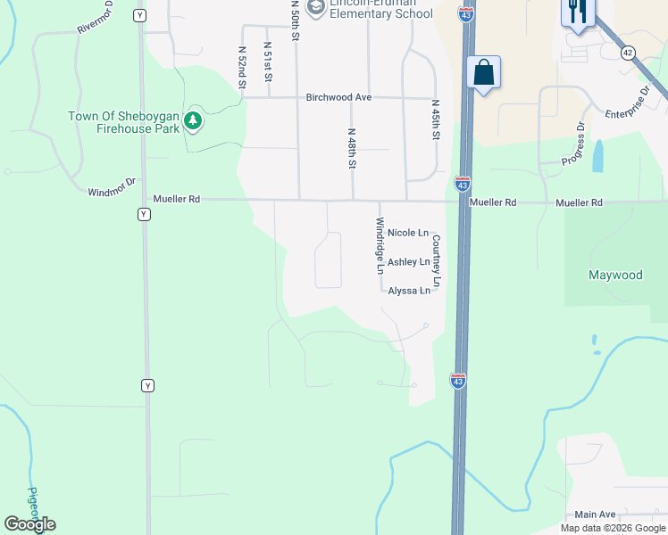 map of restaurants, bars, coffee shops, grocery stores, and more near 3416 North 48th Place in Sheboygan