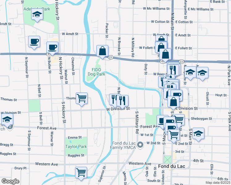 map of restaurants, bars, coffee shops, grocery stores, and more near 207 Lewis Street in Fond du Lac
