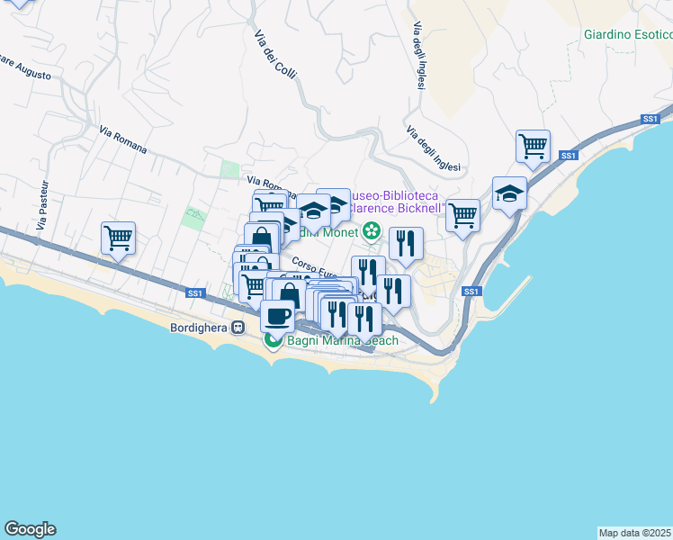 map of restaurants, bars, coffee shops, grocery stores, and more near 52 Corso Europa in Bordighera