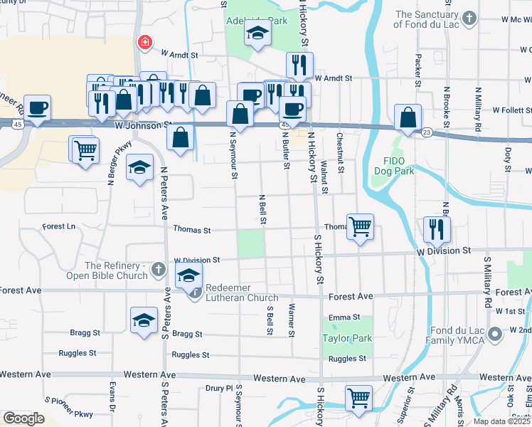 map of restaurants, bars, coffee shops, grocery stores, and more near 67 North Bell Street in Fond du Lac