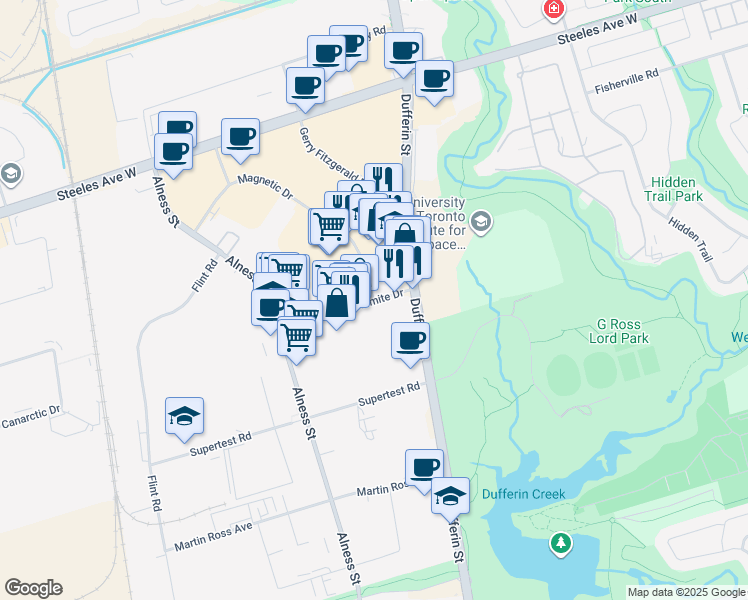 map of restaurants, bars, coffee shops, grocery stores, and more near 401 Magnetic Drive in Toronto