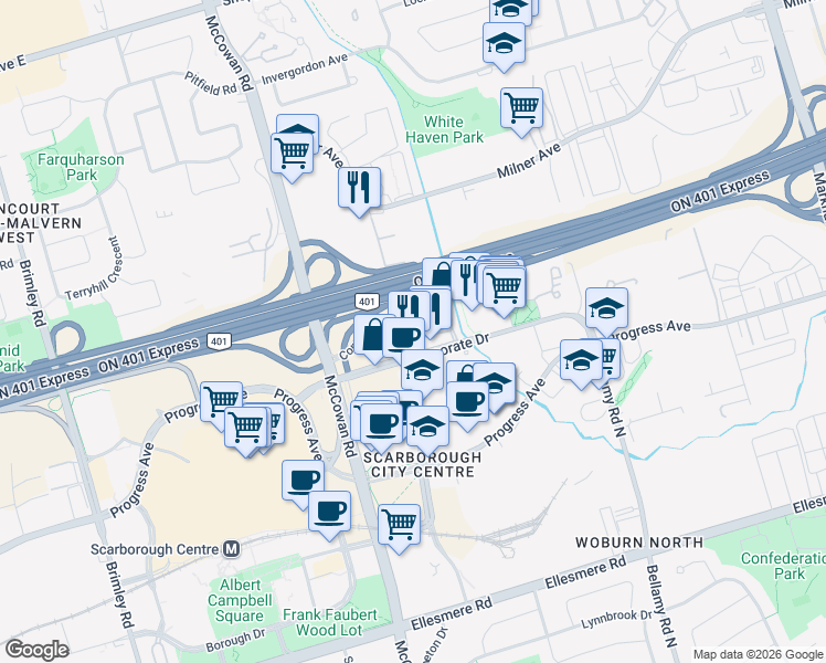 map of restaurants, bars, coffee shops, grocery stores, and more near 68 Corporate Drive in Toronto