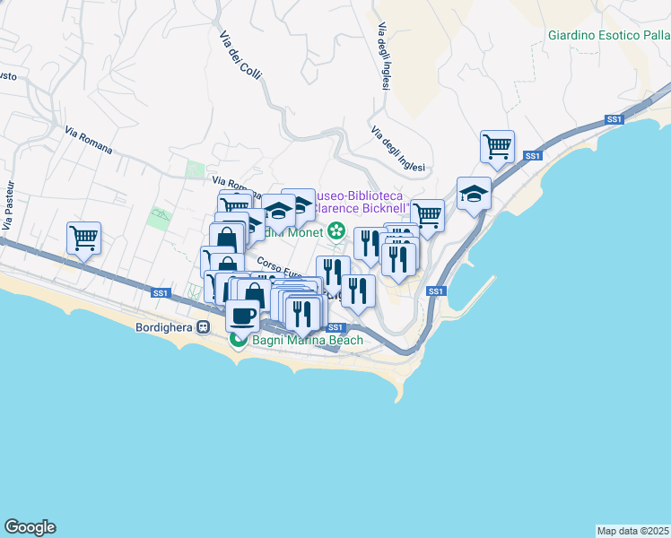 map of restaurants, bars, coffee shops, grocery stores, and more near Via Camillo Benso di Cavour in Bordighera
