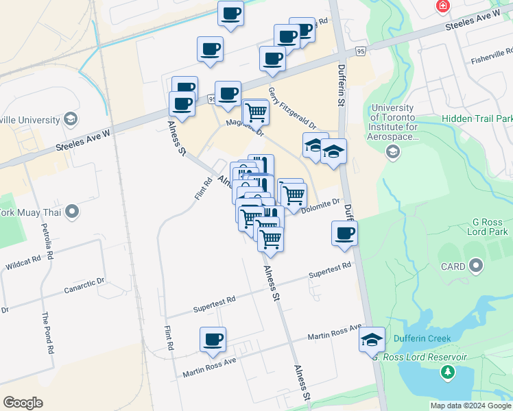 map of restaurants, bars, coffee shops, grocery stores, and more near 925 Alness Street in Toronto