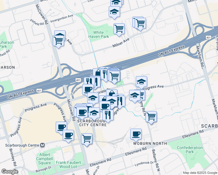 map of restaurants, bars, coffee shops, grocery stores, and more near in Toronto