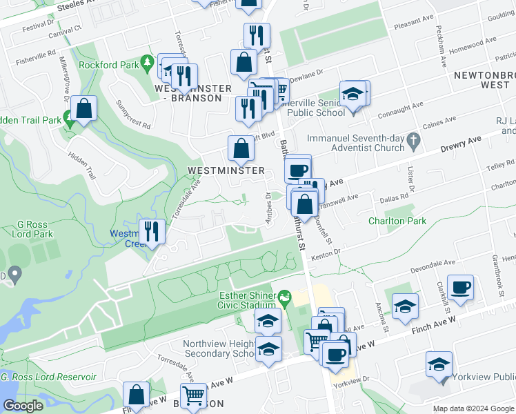 map of restaurants, bars, coffee shops, grocery stores, and more near 100 Antibes Drive in Toronto