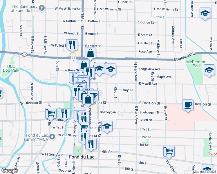 map of restaurants, bars, coffee shops, grocery stores, and more near 59 Amory Street in Fond du Lac