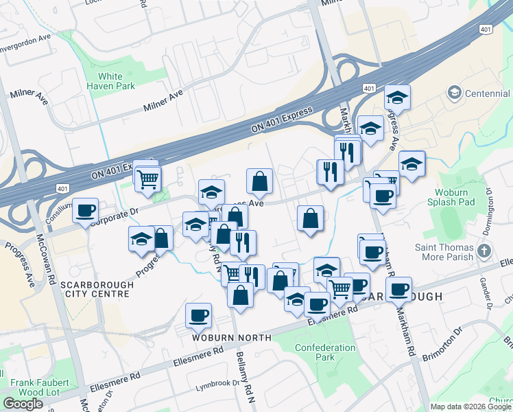 map of restaurants, bars, coffee shops, grocery stores, and more near 831 Progress Avenue in Toronto