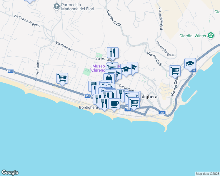 map of restaurants, bars, coffee shops, grocery stores, and more near 90 Corso Italia in Bordighera