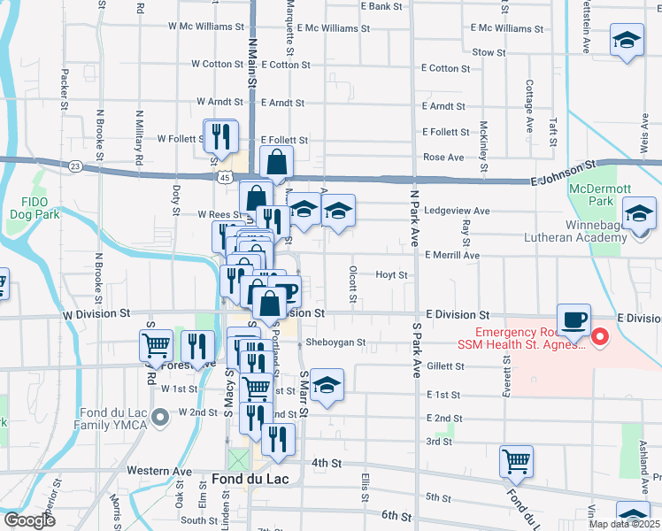 map of restaurants, bars, coffee shops, grocery stores, and more near 59 Amory Street in Fond du Lac