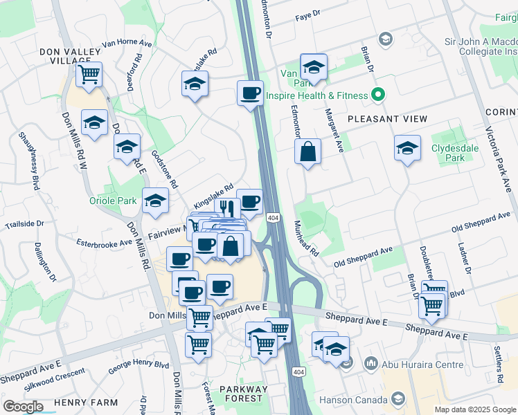 map of restaurants, bars, coffee shops, grocery stores, and more near 180 Fairview Mall Drive in Toronto