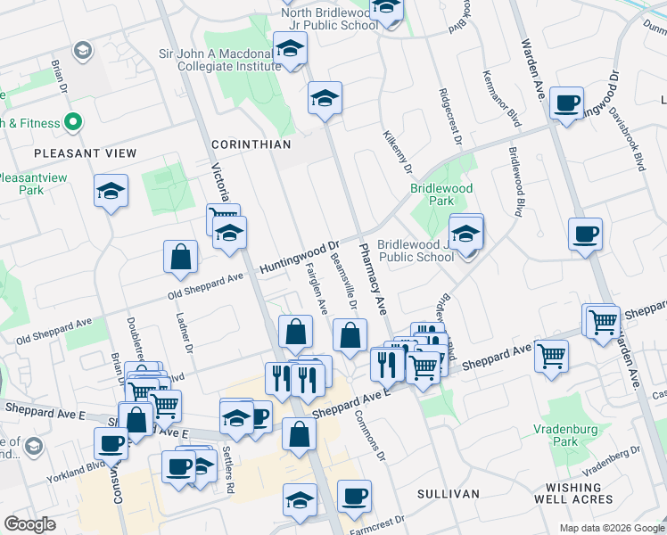 map of restaurants, bars, coffee shops, grocery stores, and more near 40 Beamsville Drive in Toronto