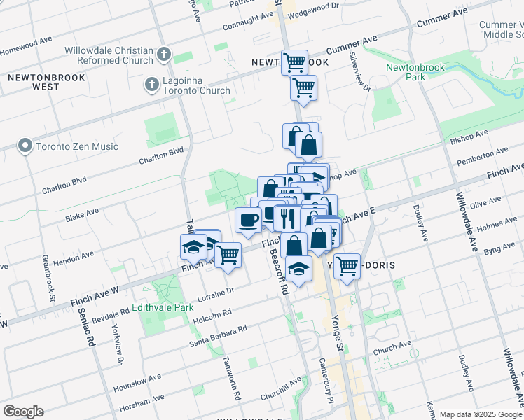 map of restaurants, bars, coffee shops, grocery stores, and more near 48 Greenview Avenue in Toronto