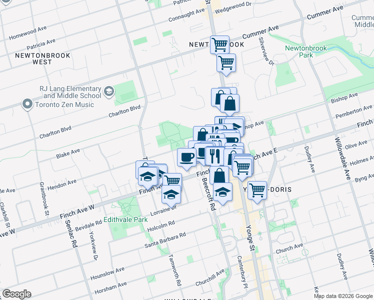 map of restaurants, bars, coffee shops, grocery stores, and more near 27 Eldora Avenue in Toronto