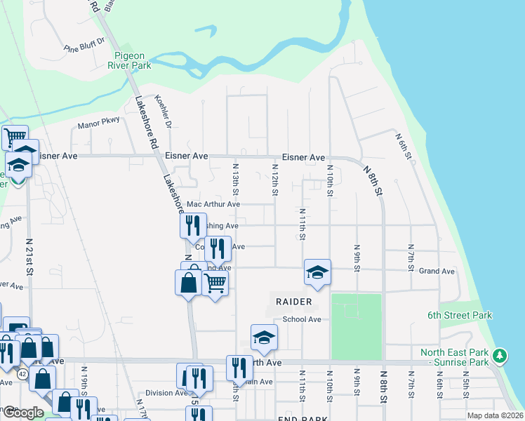 map of restaurants, bars, coffee shops, grocery stores, and more near 3320 North 12th Street in Sheboygan