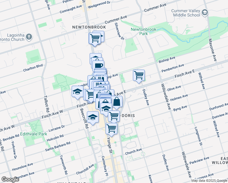 map of restaurants, bars, coffee shops, grocery stores, and more near 3 Pemberton Avenue in Toronto