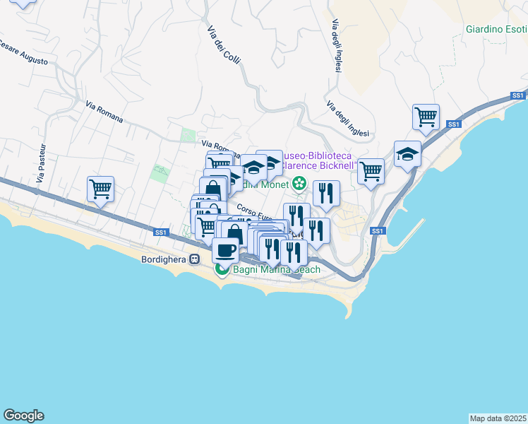map of restaurants, bars, coffee shops, grocery stores, and more near 52 Corso Europa in Bordighera
