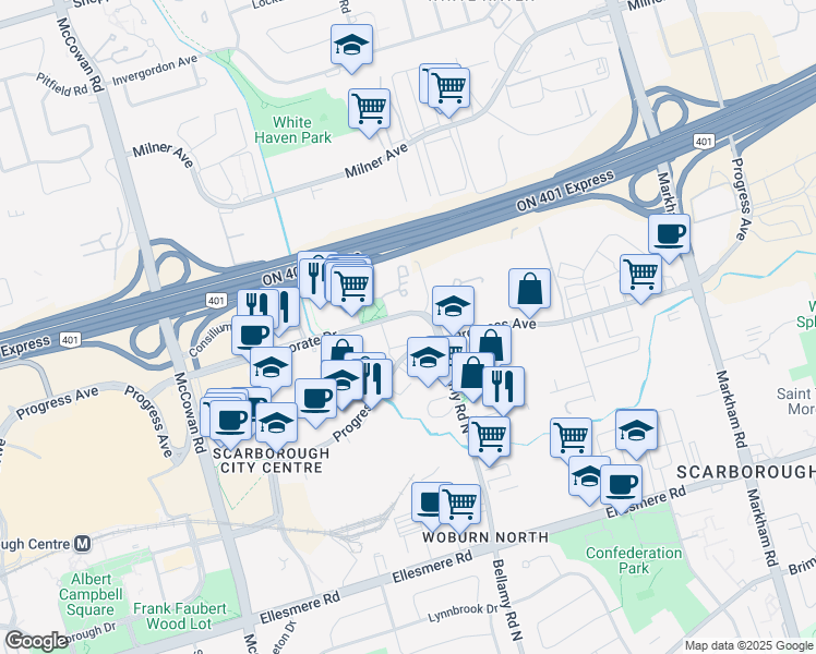 map of restaurants, bars, coffee shops, grocery stores, and more near 750 Progress Avenue in Toronto