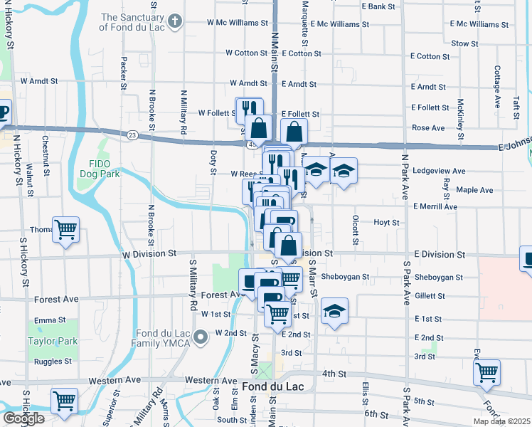 map of restaurants, bars, coffee shops, grocery stores, and more near 56 North Main Street in Fond du Lac