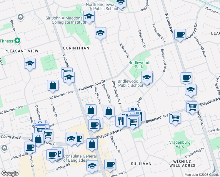 map of restaurants, bars, coffee shops, grocery stores, and more near 2052 Pharmacy Avenue in Toronto