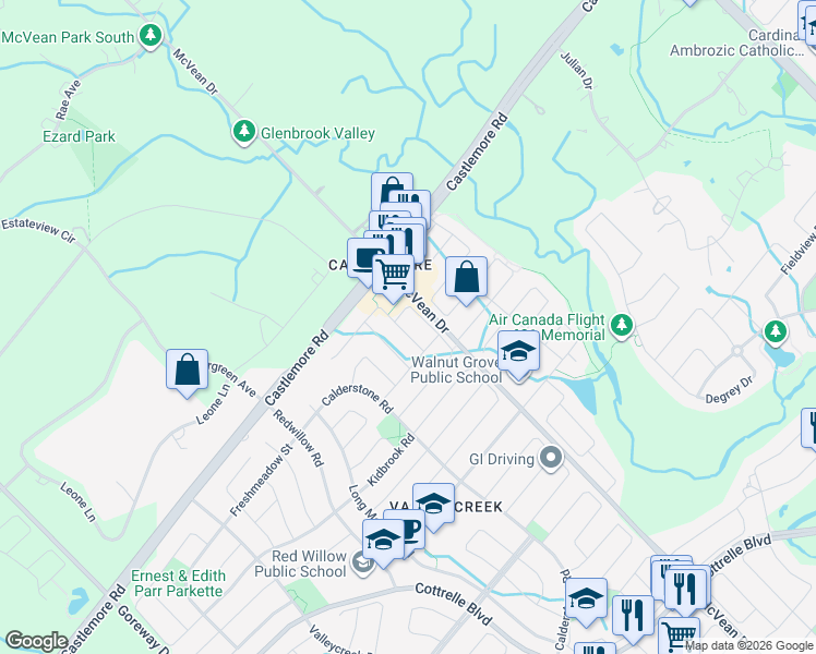 map of restaurants, bars, coffee shops, grocery stores, and more near 9 Castlegate Boulevard in Brampton