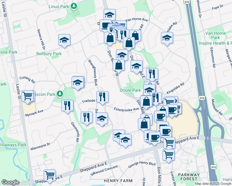 map of restaurants, bars, coffee shops, grocery stores, and more near 8 Esterbrooke Avenue in Toronto