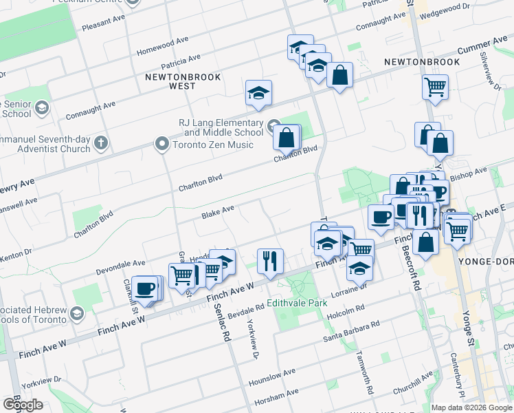 map of restaurants, bars, coffee shops, grocery stores, and more near in Toronto