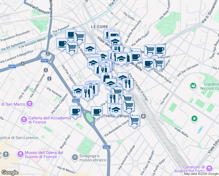 map of restaurants, bars, coffee shops, grocery stores, and more near 190 Via Masaccio in Firenze