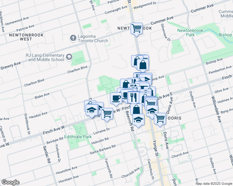 map of restaurants, bars, coffee shops, grocery stores, and more near in Toronto