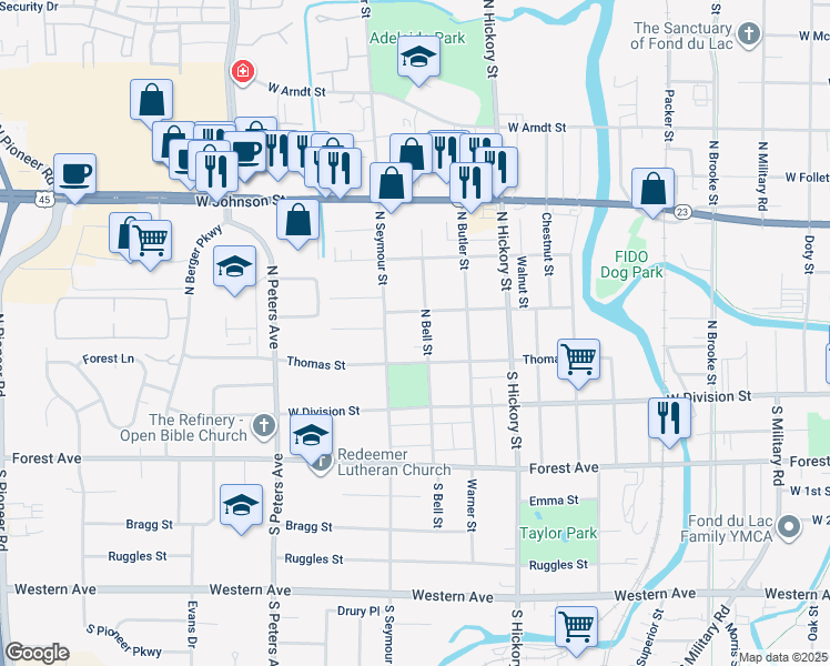 map of restaurants, bars, coffee shops, grocery stores, and more near 67 North Bell Street in Fond du Lac